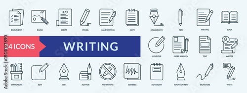 Writing icon collection set with document, draw, script, pencil, handwriting