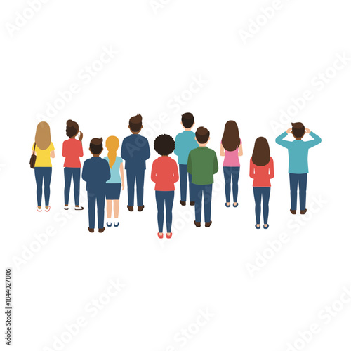 Diverse Group of People Standing Together from Behind Facing Forward.