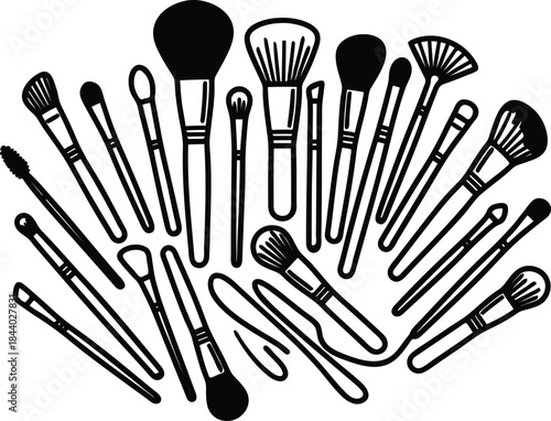 Collection of various makeup brushes for beauty and cosmetics