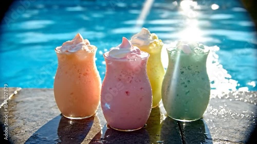 Assorted colorful frozen drinks splashing with water by bright swimming pool on sunny day