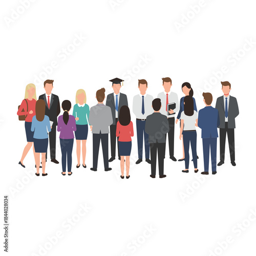 Diverse group of people standing together including a graduate in a professional and educational setting.