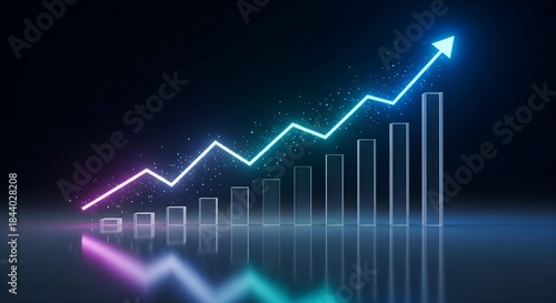 Neon upward-trending arrow rising from a bar chart of translucent blocks on a dark background.