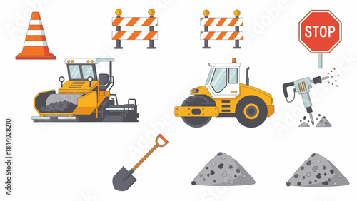 Diverse vector illustration set featuring essential road construction equipment, heavy machinery like pavers and rollers, safety signs, and building materials for infrastructure development projects