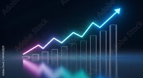 Neon upward-trending arrow rising from a bar chart of translucent blocks on a dark background.