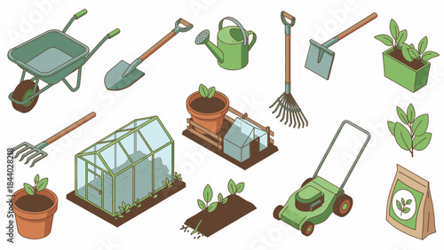 Isometric vector illustration set showcasing various essential gardening tools and equipment, perfect for home garden maintenance, planting, and horticulture hobbies