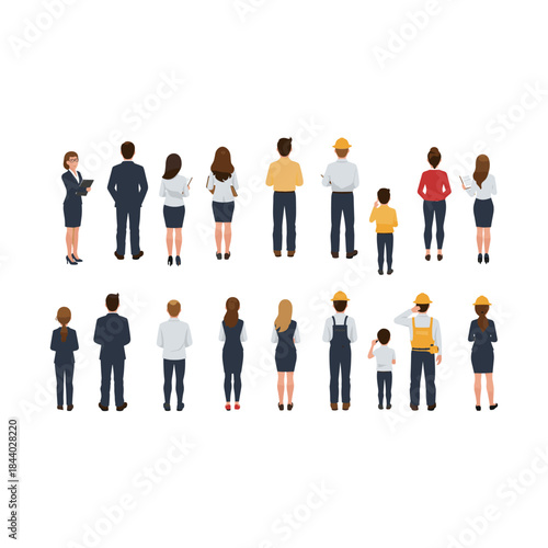 Diverse Group of People Standing with Backs Turned in Various Professions.