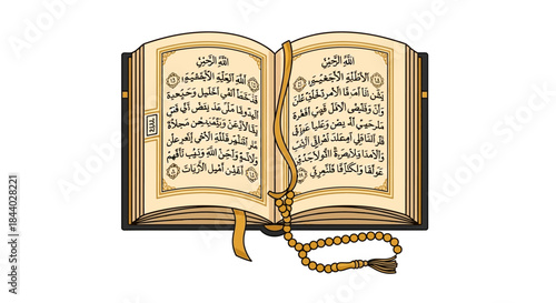 Open holy book displaying sacred Arabic scripture, accompanied by prayer beads, representing spiritual devotion and Islamic faith