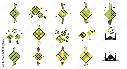 Traditional Ketupat rice cake icons for Islamic celebrations, representing festive Eid al-Fitr and Hari Raya cultural symbols