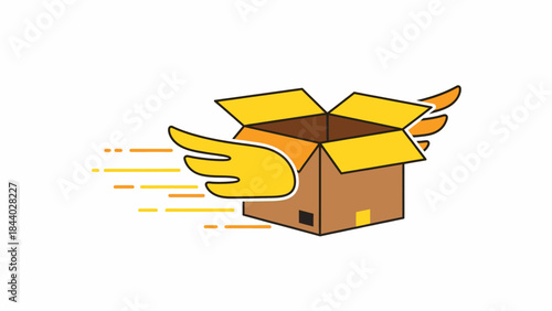 Dynamic vector illustration depicting a swiftly moving cardboard delivery box adorned with golden wings, symbolizing rapid shipping, efficient logistics, and express e-commerce services