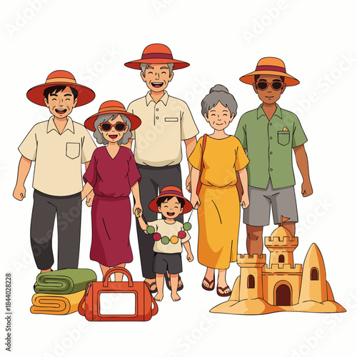 A joyful multi-generational family, including grandparents, parents, and a child, happily anticipates their summer beach vacation with travel essentials.
