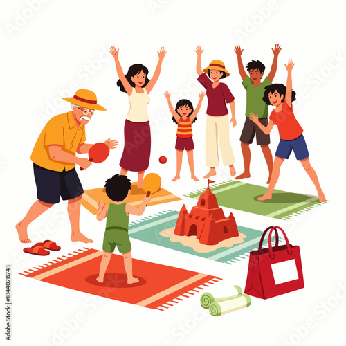A vibrant multi-generational family enjoys a fun-filled summer beach day, engaging in diverse recreational activities and creating cherished memories.