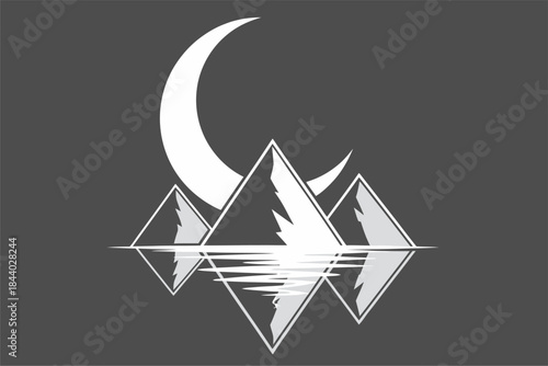 Mountain Reflection Under Crescent Moon, Graphic Art, Tranquil Landscape, Nighttime Scene
