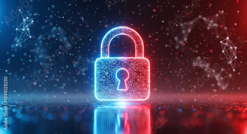 Global data protection and network security with a glowing padlock. Secure access and internet safety in a red and blue digital environment
