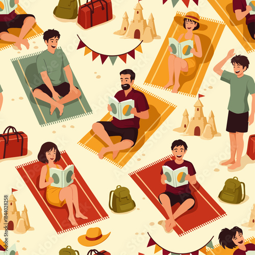 Seamless pattern of diverse people enjoying a sunny beach day, relaxing on towels and reading books amidst sandcastles and festive decorations.
