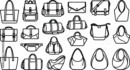 Various types of handbags and luggage in simple line drawings