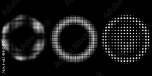 Circle dot frame. Circular border with effect halftone. Modern faded ring. Semitone shape round. Point sphere boarder. Dotted geometric pattern. Graphic small dots element for design prints