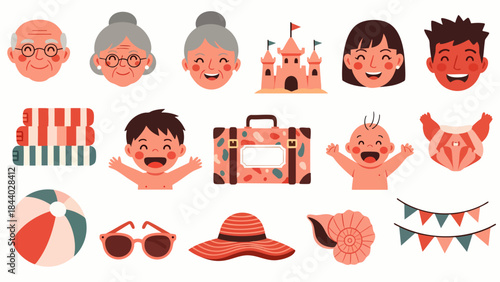 Joyful family and vacation elements including a castle, suitcase, beach ball, and happy faces on a white background.