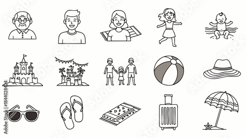 Collection of black and white line art icons representing summer vacation activities and beach essentials for a fun getaway.