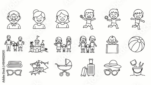 Collection of simple line art icons representing family, children, travel, and summer vacation activities for diverse designs.