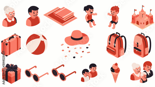 Collection of isometric summer vacation icons featuring people, travel gear, and beach elements in coral.