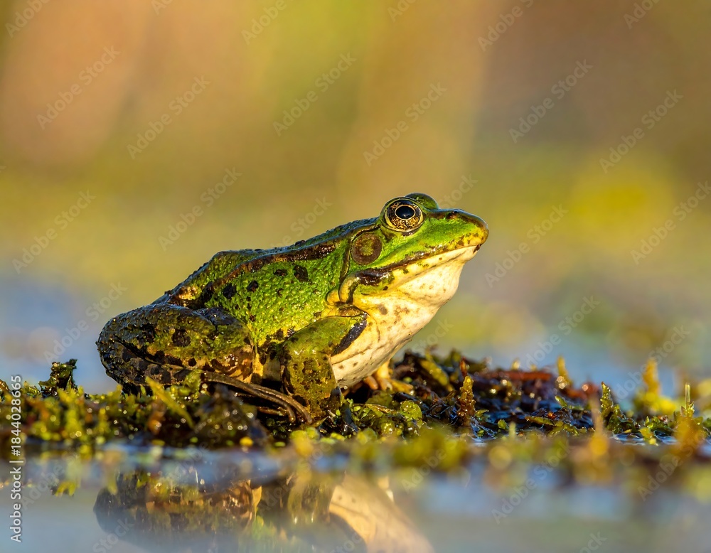 Fototapeta premium A vibrant, green frog perched on aquatic vegetation