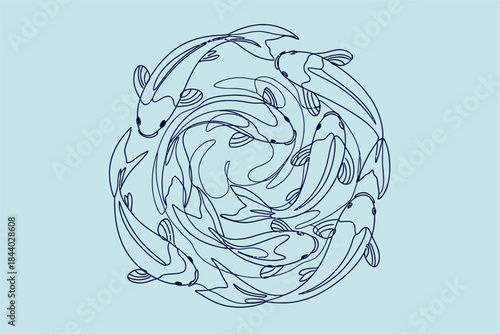 Dynamic Koi Fish Design, Aquatic Motion, Digital Illustration, Serene Blue Background, Artistic Viewpoint, Flowing Energy Concept