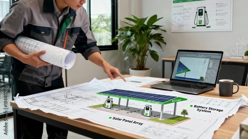 Wallpaper Mural Medium shot capturing an engineer designing a solarpowered EV charging station examining blueprints and ecofriendly features Torontodigital.ca