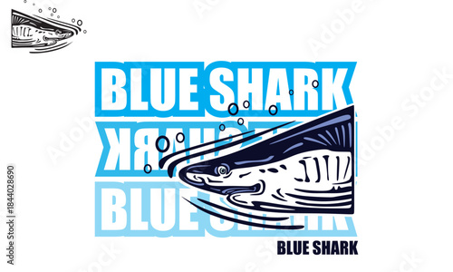 GREAT BIG BLUE SHARK LOGO, silhouette of wild giant fish head vector illustrations