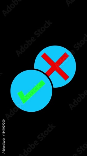 Two blue circles on a black background one with a green checkmark and one with a red dash