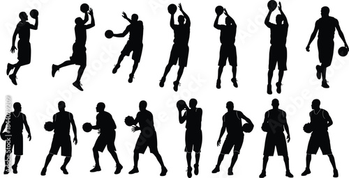 Basketball player silhouette set showing shooting, dribbling, jumping and passing actions isolated on white background for sports design