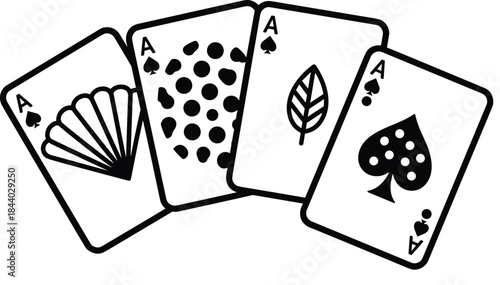 Creative playing card aces with unique illustrated symbols including seashell, dots, leaf, and spade, representing abstract design, gaming art, and modern decoration.
