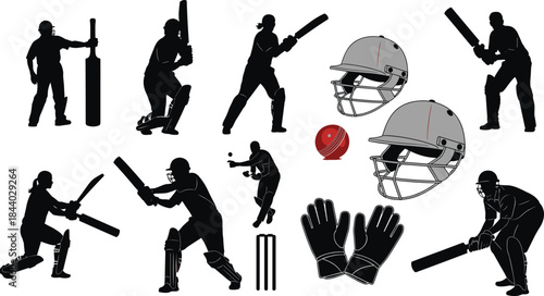 Cricket player silhouettes with bats, helmets, gloves, and ball showcasing batting, bowling, and wicket-keeping actions for sports design projects