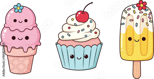 WebCute Kawaii Desserts Collection Happy Ice Cream Cone, Sweet Cupcake with Cherry, and Smiling Popsicle Stick - Vector Illustration.