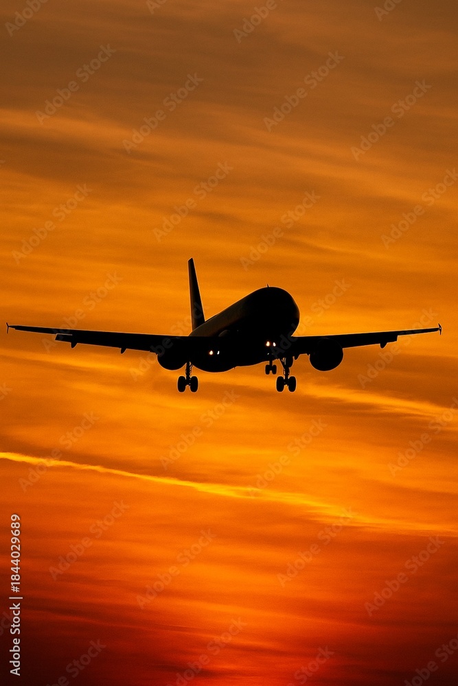 Fototapeta premium Airplane landing at sunset with a clear sky and warm evening light