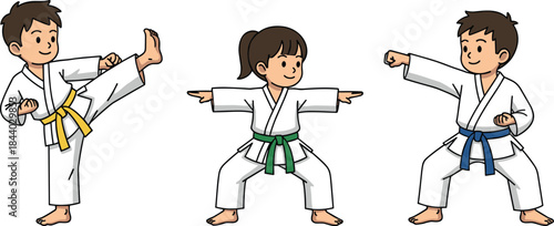 Diverse Children Practicing Martial Arts Vector, Kids Karate Students in Gi Uniforms Performing Kicks and Punches for Sports Activity.