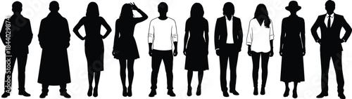 Diverse group of standing people silhouettes showcasing various modern fashion styles, casual and formal poses, representing contemporary lifestyle and individuality