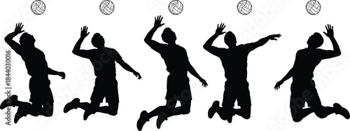 Dynamic volleyball player silhouettes jumping to spike the ball, capturing athletic movement, energy, and competitive action in a bold black sports illustration