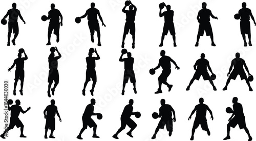 Dynamic collection of basketball player silhouettes performing various athletic dribbling, shooting, and passing actions for sports design, training graphics, and creative illustration projects
