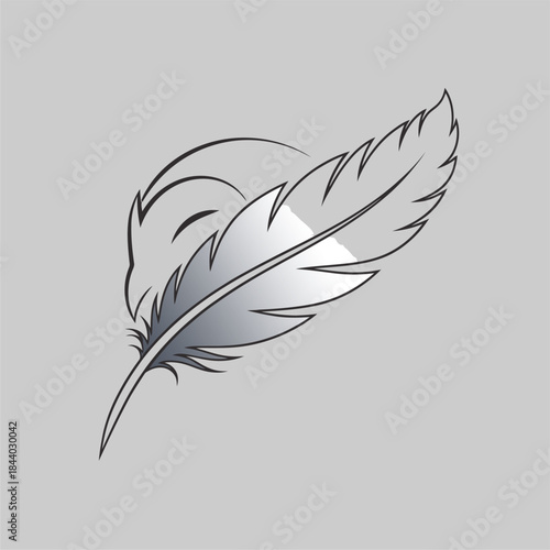 Elegant Silver Feather Design, Minimalist Graphic Art, Digital Illustration on Gray Background