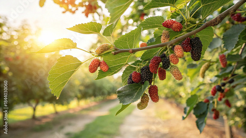 Sunkissed mulberry branch adorned with ripening berries in an orchard, capturing the essence of summers bounty and natural beauty