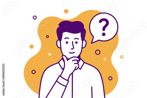 Thoughtful man considering options with question mark, pondering choices for business strategy or personal decisions, creative concept with copy space