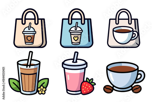 Shop coffee with delightful drinks icons on bags, vibrant and trendy for menus, promotions, or branding, perfect for coffee shops and cafes