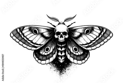 Intricate moth design with skull in monochrome for edgy art prints or alternative fashion, perfect for tattoo inspiration and macabre decor projects