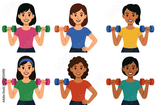Diverse women building strength together with colorful dumbbells representing empowerment, fitness goals, and healthy lifestyle choices for a vibrant community