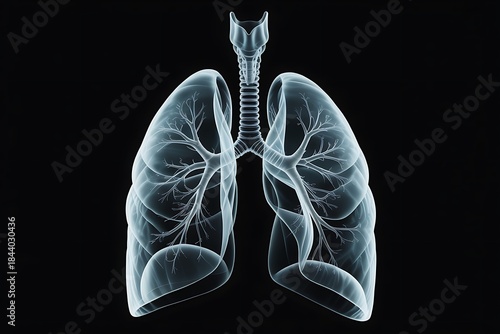 Anatomical illustration of human lungs and trachea, a detailed view of the respiratory system