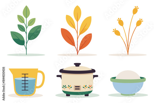 Wholesome cooking ingredients and utensils for home cooked meals, featuring fresh herbs, rice, water, and a slow cooker, perfect for recipe visuals
