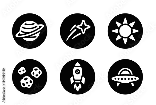 Explore the cosmos with this modern space icon set featuring planets, stars, rockets, and UFOs, perfect for astronomy and science themes