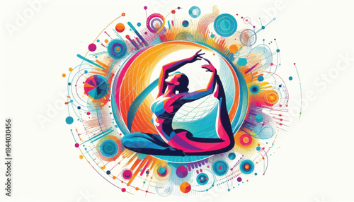 Woman in yoga pose vibrant colors artistic illustration spiritual wellness healthy lifestyle.
