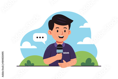 Engaging cartoon journalist reports live news with energy and enthusiasm, perfect for media, education, and current events content creation