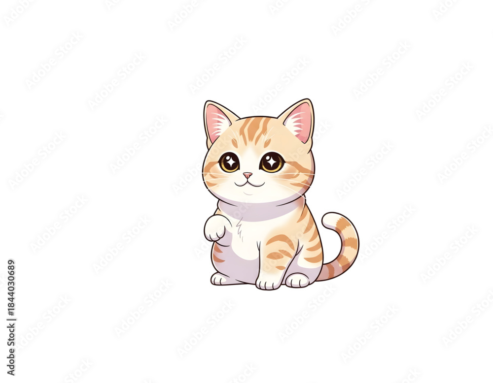 Fototapeta premium Cute orange tabby kitten with big eyes, sitting and waving, isolated on white background, digital art illustration